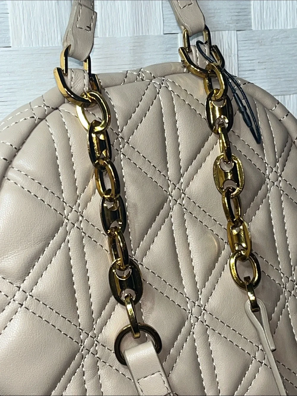 Zara Quilted Taupe Backpack with Gold Chain Accents Eye Catching